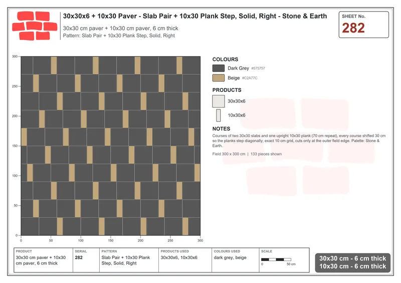 Interlock (Pasco) 30x30 cm · SQ33-282 · Slab Pair + 10x30 Plank Step, Solid, Right · Laying plan Interlock (Pasco) 30x30 cm · SQ33-282 · Slab Pair + 10x30 Plank Step, Solid, Right · Laying plan