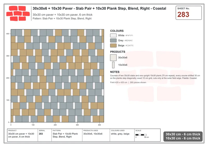 Interlock (Pasco) 30x30 cm · SQ33-283 · Slab Pair + 10x30 Plank Step, Blend, Right · Laying plan Interlock (Pasco) 30x30 cm · SQ33-283 · Slab Pair + 10x30 Plank Step, Blend, Right · Laying plan