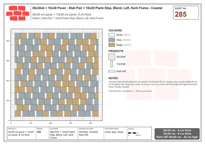 Interlock (Pasco) 30x30 cm · SQ33-285 · Slab Pair + 10x30 Plank Step, Blend, Left, Kerb Frame · Laying plan Interlock (Pasco) 30x30 cm · SQ33-285 · Slab Pair + 10x30 Plank Step, Blend, Left, Kerb Frame · Laying plan