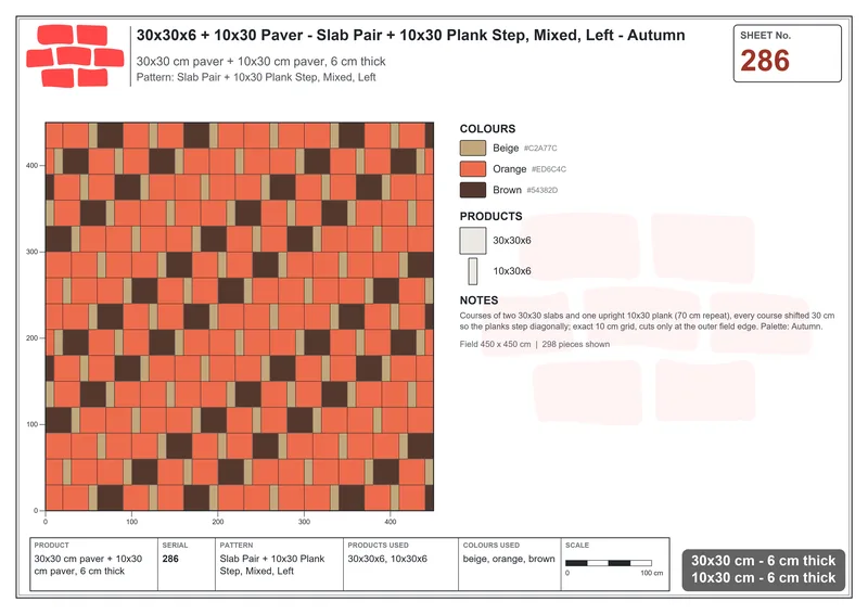 Interlock (Pasco) 30x30 cm · SQ33-286 · Slab Pair + 10x30 Plank Step, Mixed, Left · Laying plan Interlock (Pasco) 30x30 cm · SQ33-286 · Slab Pair + 10x30 Plank Step, Mixed, Left · Laying plan