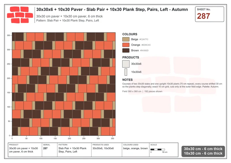 Interlock (Pasco) 30x30 cm · SQ33-287 · Slab Pair + 10x30 Plank Step, Pairs, Left · Laying plan Interlock (Pasco) 30x30 cm · SQ33-287 · Slab Pair + 10x30 Plank Step, Pairs, Left · Laying plan