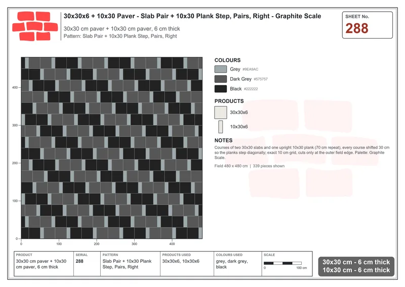 Interlock (Pasco) 30x30 cm · SQ33-288 · Slab Pair + 10x30 Plank Step, Pairs, Right · Laying plan Interlock (Pasco) 30x30 cm · SQ33-288 · Slab Pair + 10x30 Plank Step, Pairs, Right · Laying plan