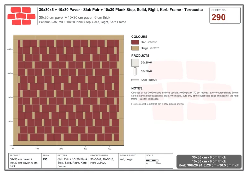 Interlock (Pasco) 30x30 cm · SQ33-290 · Slab Pair + 10x30 Plank Step, Solid, Right, Kerb Frame · Laying plan Interlock (Pasco) 30x30 cm · SQ33-290 · Slab Pair + 10x30 Plank Step, Solid, Right, Kerb Frame · Laying plan