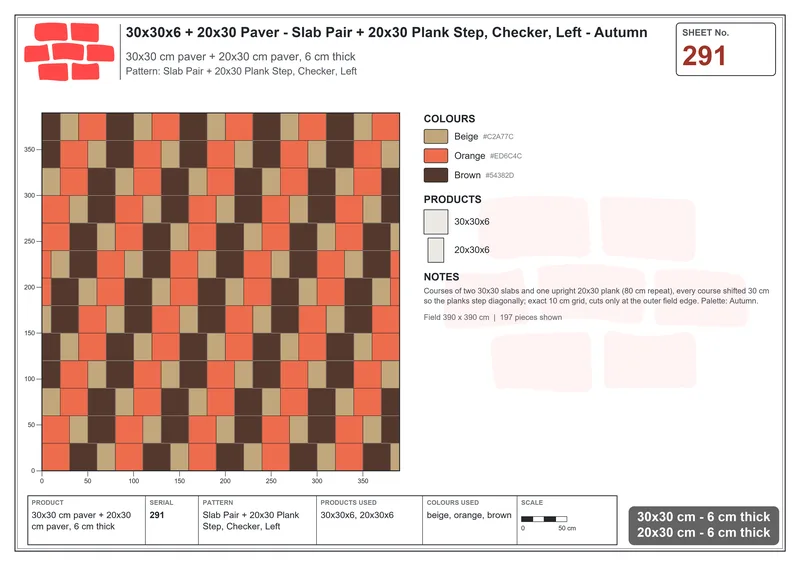 Interlock (Pasco) 30x30 cm · SQ33-291 · Slab Pair + 20x30 Plank Step, Checker, Left · Laying plan Interlock (Pasco) 30x30 cm · SQ33-291 · Slab Pair + 20x30 Plank Step, Checker, Left · Laying plan