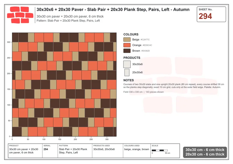 Interlock (Pasco) 30x30 cm · SQ33-294 · Slab Pair + 20x30 Plank Step, Pairs, Left · Laying plan Interlock (Pasco) 30x30 cm · SQ33-294 · Slab Pair + 20x30 Plank Step, Pairs, Left · Laying plan