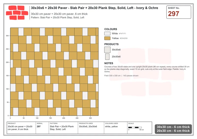 Interlock (Pasco) 30x30 cm · SQ33-297 · Slab Pair + 20x30 Plank Step, Solid, Left · Laying plan Interlock (Pasco) 30x30 cm · SQ33-297 · Slab Pair + 20x30 Plank Step, Solid, Left · Laying plan