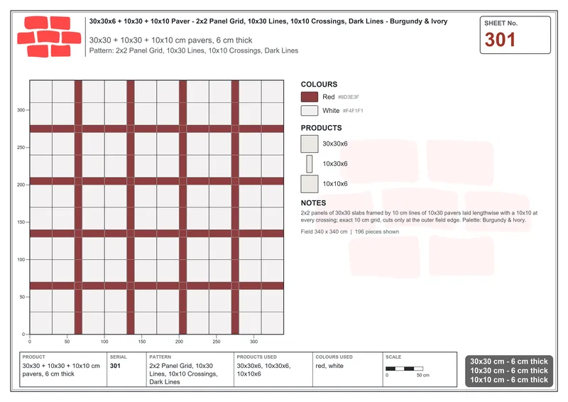Interlock (Pasco) 30x30 cm · SQ33-301 · 2x2 Panel Grid, 10x30 Lines, 10x10 Crossings, Dark Lines · Laying plan Interlock (Pasco) 30x30 cm · SQ33-301 · 2x2 Panel Grid, 10x30 Lines, 10x10 Crossings, Dark Lines · Laying plan