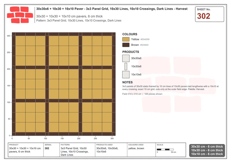 Interlock (Pasco) 30x30 cm · SQ33-302 · 3x3 Panel Grid, 10x30 Lines, 10x10 Crossings, Dark Lines · Laying plan Interlock (Pasco) 30x30 cm · SQ33-302 · 3x3 Panel Grid, 10x30 Lines, 10x10 Crossings, Dark Lines · Laying plan