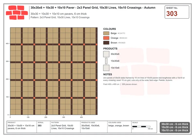 Interlock (Pasco) 30x30 cm · SQ33-303 · 2x3 Panel Grid, 10x30 Lines, 10x10 Crossings · Laying plan Interlock (Pasco) 30x30 cm · SQ33-303 · 2x3 Panel Grid, 10x30 Lines, 10x10 Crossings · Laying plan