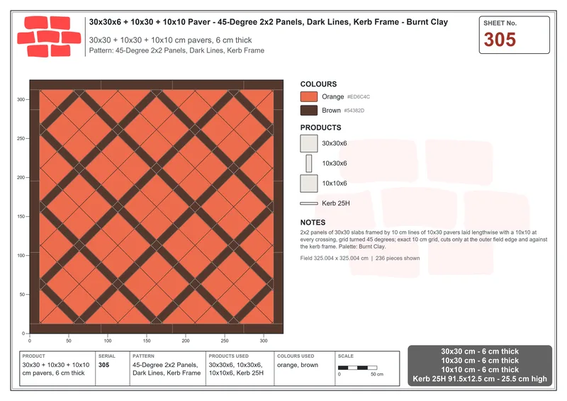 Interlock (Pasco) 30x30 cm · SQ33-305 · 45-Degree 2x2 Panels, Dark Lines, Kerb Frame · Laying plan Interlock (Pasco) 30x30 cm · SQ33-305 · 45-Degree 2x2 Panels, Dark Lines, Kerb Frame · Laying plan