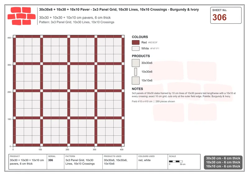 Interlock (Pasco) 30x30 cm · SQ33-306 · 3x3 Panel Grid, 10x30 Lines, 10x10 Crossings · Laying plan Interlock (Pasco) 30x30 cm · SQ33-306 · 3x3 Panel Grid, 10x30 Lines, 10x10 Crossings · Laying plan
