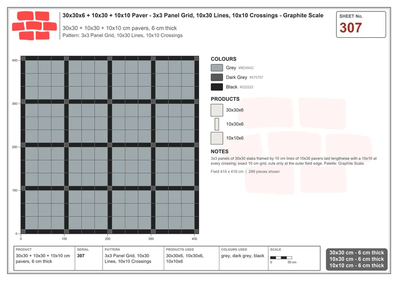 Interlock (Pasco) 30x30 cm · SQ33-307 · 3x3 Panel Grid, 10x30 Lines, 10x10 Crossings · Laying plan Interlock (Pasco) 30x30 cm · SQ33-307 · 3x3 Panel Grid, 10x30 Lines, 10x10 Crossings · Laying plan