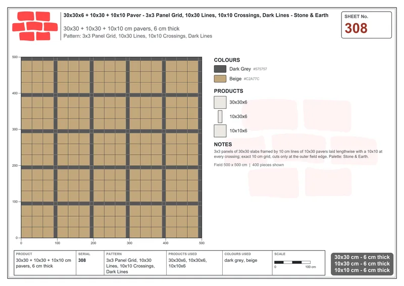 Interlock (Pasco) 30x30 cm · SQ33-308 · 3x3 Panel Grid, 10x30 Lines, 10x10 Crossings, Dark Lines · Laying plan Interlock (Pasco) 30x30 cm · SQ33-308 · 3x3 Panel Grid, 10x30 Lines, 10x10 Crossings, Dark Lines · Laying plan