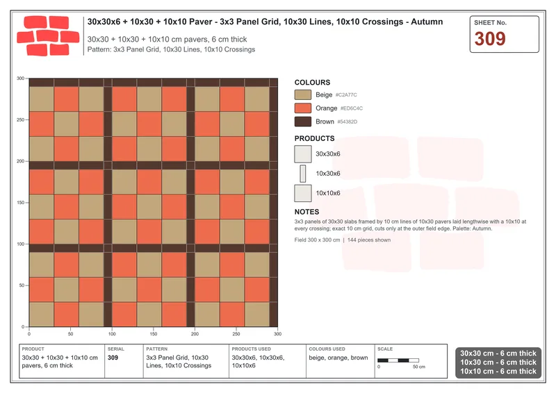 Interlock (Pasco) 30x30 cm · SQ33-309 · 3x3 Panel Grid, 10x30 Lines, 10x10 Crossings · Laying plan Interlock (Pasco) 30x30 cm · SQ33-309 · 3x3 Panel Grid, 10x30 Lines, 10x10 Crossings · Laying plan