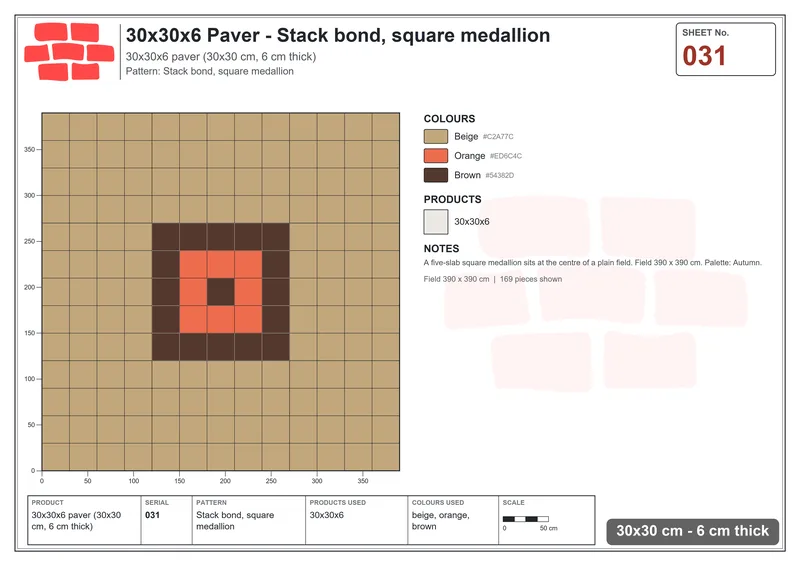 Interlock (Pasco) 30x30 cm · SQ33-31 · Stack bond, square medallion · Laying plan Interlock (Pasco) 30x30 cm · SQ33-31 · Stack bond, square medallion · Laying plan
