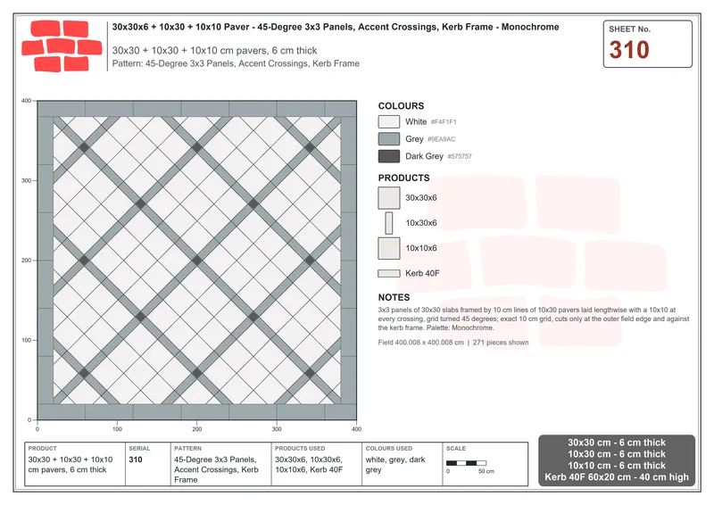 Interlock (Pasco) 30x30 cm · SQ33-310 · 45-Degree 3x3 Panels, Accent Crossings, Kerb Frame · Laying plan Interlock (Pasco) 30x30 cm · SQ33-310 · 45-Degree 3x3 Panels, Accent Crossings, Kerb Frame · Laying plan