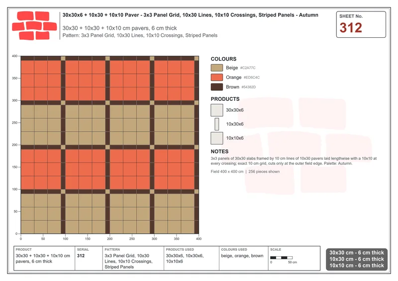Interlock (Pasco) 30x30 cm · SQ33-312 · 3x3 Panel Grid, 10x30 Lines, 10x10 Crossings, Striped Panels · Laying plan Interlock (Pasco) 30x30 cm · SQ33-312 · 3x3 Panel Grid, 10x30 Lines, 10x10 Crossings, Striped Panels · Laying plan