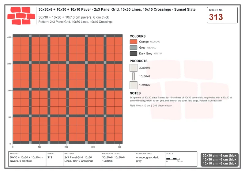 Interlock (Pasco) 30x30 cm · SQ33-313 · 2x3 Panel Grid, 10x30 Lines, 10x10 Crossings · Laying plan Interlock (Pasco) 30x30 cm · SQ33-313 · 2x3 Panel Grid, 10x30 Lines, 10x10 Crossings · Laying plan