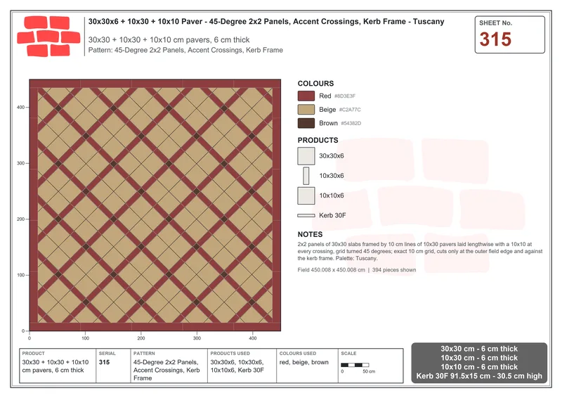 Interlock (Pasco) 30x30 cm · SQ33-315 · 45-Degree 2x2 Panels, Accent Crossings, Kerb Frame · Laying plan Interlock (Pasco) 30x30 cm · SQ33-315 · 45-Degree 2x2 Panels, Accent Crossings, Kerb Frame · Laying plan