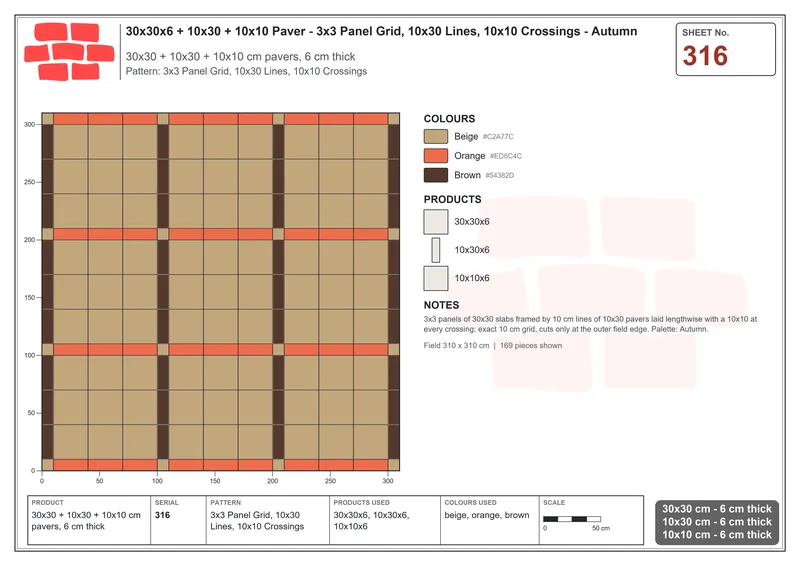 Interlock (Pasco) 30x30 cm · SQ33-316 · 3x3 Panel Grid, 10x30 Lines, 10x10 Crossings · Laying plan Interlock (Pasco) 30x30 cm · SQ33-316 · 3x3 Panel Grid, 10x30 Lines, 10x10 Crossings · Laying plan