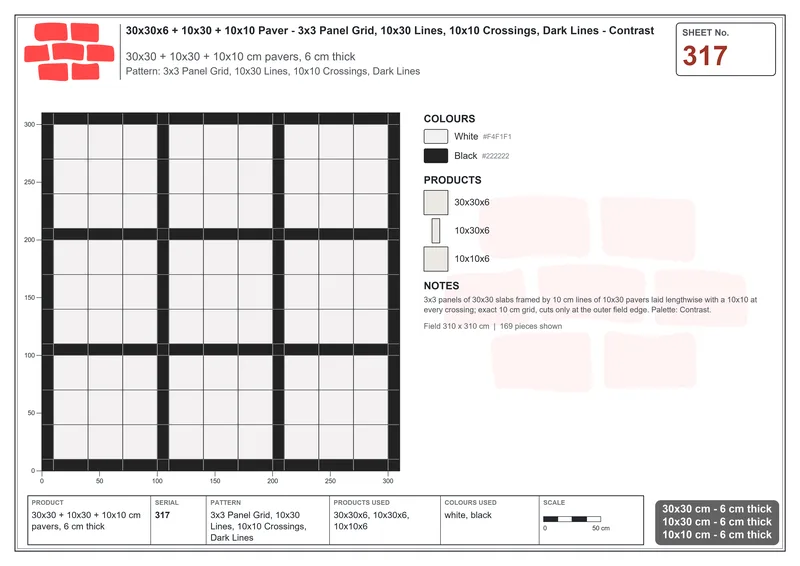 Interlock (Pasco) 30x30 cm · SQ33-317 · 3x3 Panel Grid, 10x30 Lines, 10x10 Crossings, Dark Lines · Laying plan Interlock (Pasco) 30x30 cm · SQ33-317 · 3x3 Panel Grid, 10x30 Lines, 10x10 Crossings, Dark Lines · Laying plan