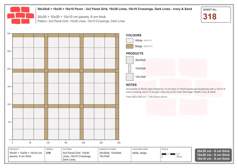 Interlock (Pasco) 30x30 cm · SQ33-318 · 3x3 Panel Grid, 10x30 Lines, 10x10 Crossings, Dark Lines · Laying plan Interlock (Pasco) 30x30 cm · SQ33-318 · 3x3 Panel Grid, 10x30 Lines, 10x10 Crossings, Dark Lines · Laying plan