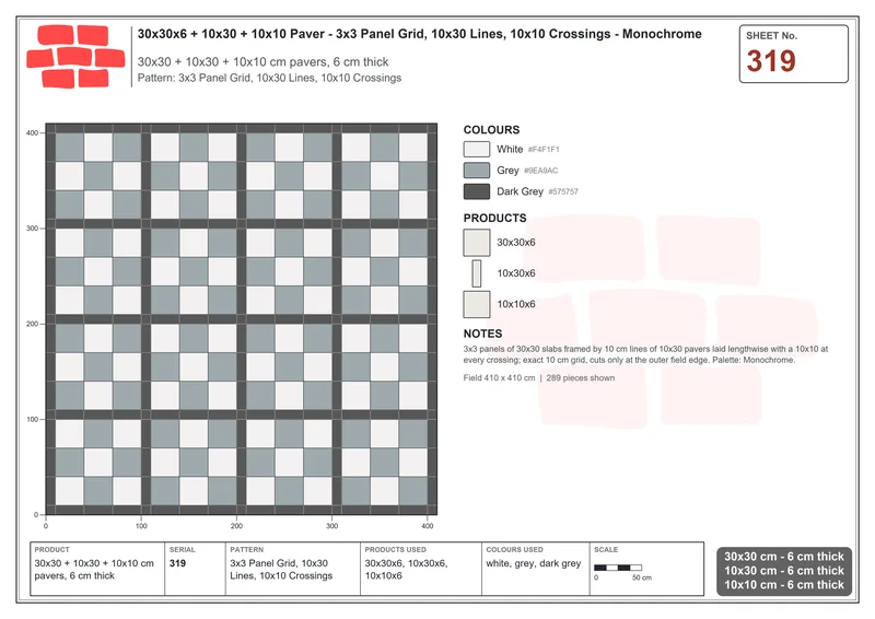 Interlock (Pasco) 30x30 cm · SQ33-319 · 3x3 Panel Grid, 10x30 Lines, 10x10 Crossings · Laying plan Interlock (Pasco) 30x30 cm · SQ33-319 · 3x3 Panel Grid, 10x30 Lines, 10x10 Crossings · Laying plan
