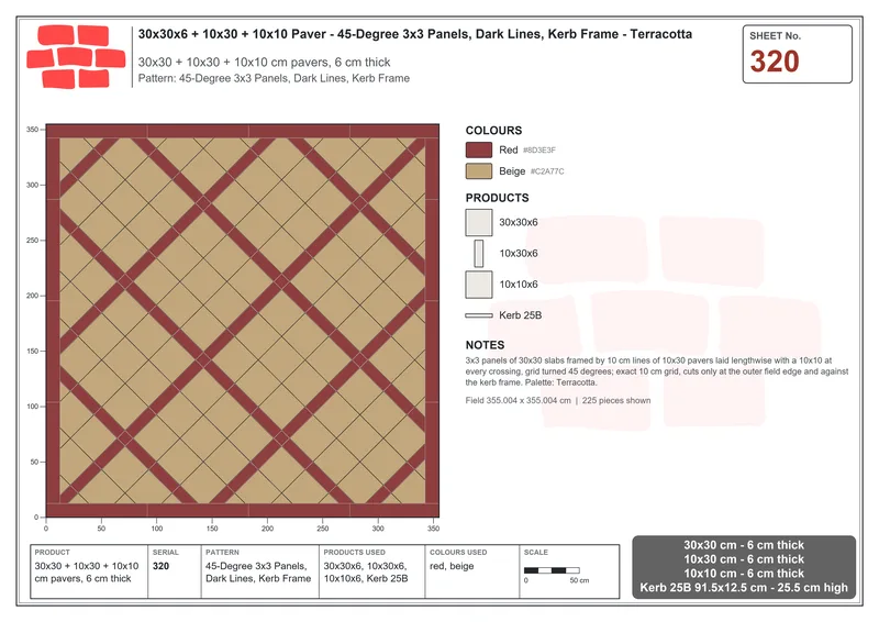 Interlock (Pasco) 30x30 cm · SQ33-320 · 45-Degree 3x3 Panels, Dark Lines, Kerb Frame · Laying plan Interlock (Pasco) 30x30 cm · SQ33-320 · 45-Degree 3x3 Panels, Dark Lines, Kerb Frame · Laying plan
