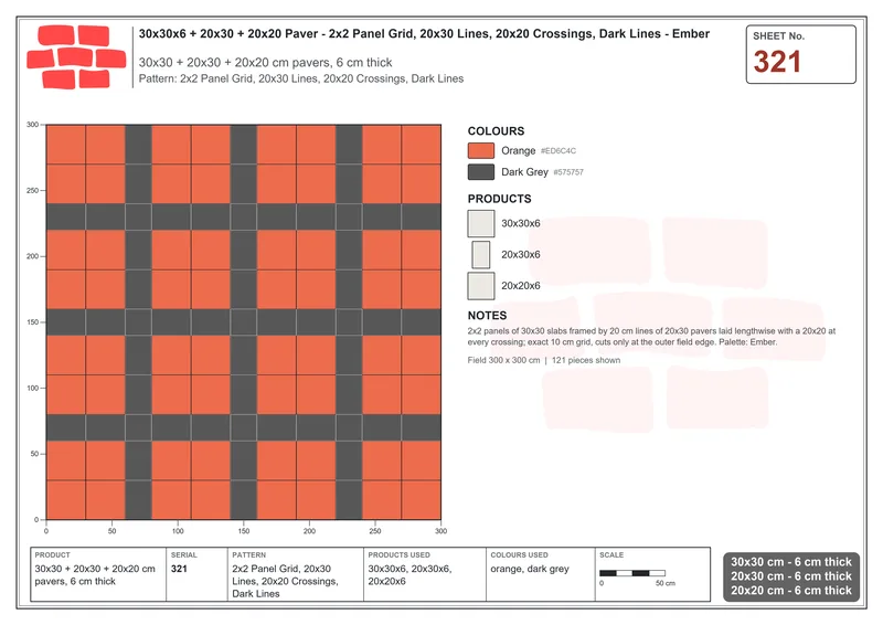 Interlock (Pasco) 30x30 cm · SQ33-321 · 2x2 Panel Grid, 20x30 Lines, 20x20 Crossings, Dark Lines · Laying plan Interlock (Pasco) 30x30 cm · SQ33-321 · 2x2 Panel Grid, 20x30 Lines, 20x20 Crossings, Dark Lines · Laying plan