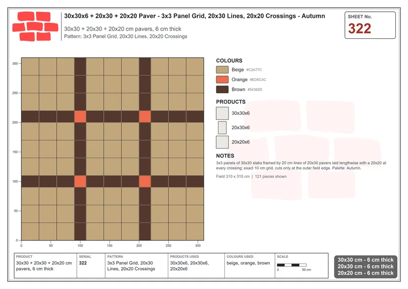 Interlock (Pasco) 30x30 cm · SQ33-322 · 3x3 Panel Grid, 20x30 Lines, 20x20 Crossings · Laying plan Interlock (Pasco) 30x30 cm · SQ33-322 · 3x3 Panel Grid, 20x30 Lines, 20x20 Crossings · Laying plan