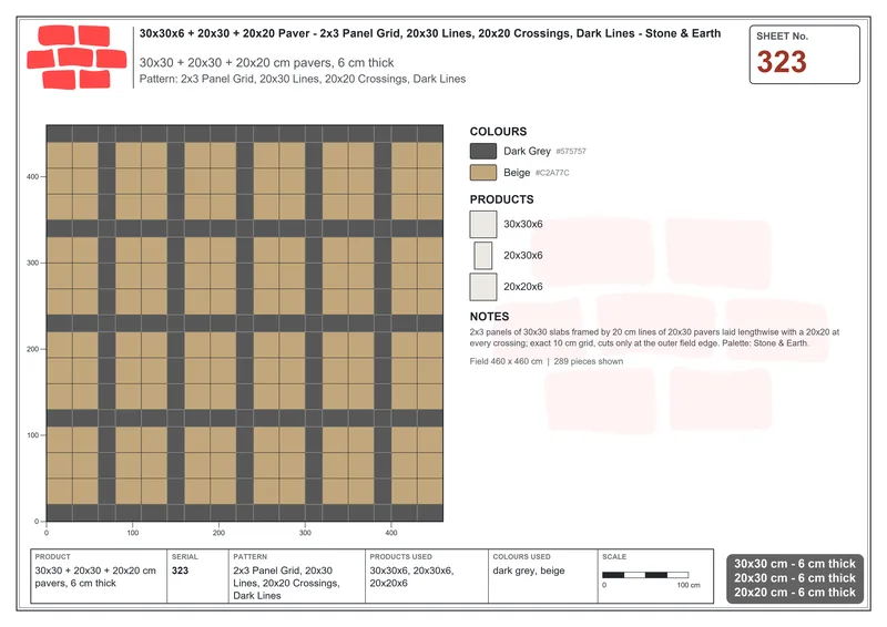 Interlock (Pasco) 30x30 cm · SQ33-323 · 2x3 Panel Grid, 20x30 Lines, 20x20 Crossings, Dark Lines · Laying plan Interlock (Pasco) 30x30 cm · SQ33-323 · 2x3 Panel Grid, 20x30 Lines, 20x20 Crossings, Dark Lines · Laying plan