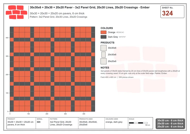 Interlock (Pasco) 30x30 cm · SQ33-324 · 3x2 Panel Grid, 20x30 Lines, 20x20 Crossings · Laying plan Interlock (Pasco) 30x30 cm · SQ33-324 · 3x2 Panel Grid, 20x30 Lines, 20x20 Crossings · Laying plan