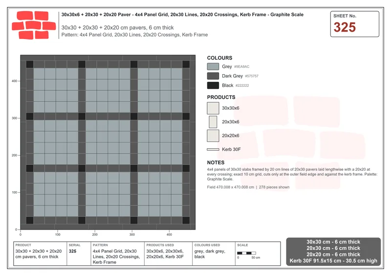 Interlock (Pasco) 30x30 cm · SQ33-325 · 4x4 Panel Grid, 20x30 Lines, 20x20 Crossings, Kerb Frame · Laying plan Interlock (Pasco) 30x30 cm · SQ33-325 · 4x4 Panel Grid, 20x30 Lines, 20x20 Crossings, Kerb Frame · Laying plan