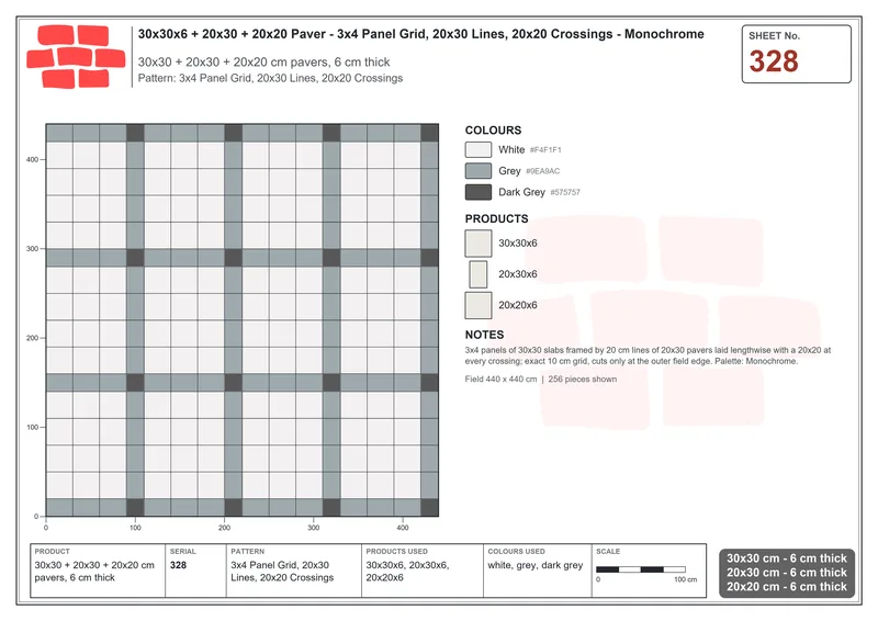 Interlock (Pasco) 30x30 cm · SQ33-328 · 3x4 Panel Grid, 20x30 Lines, 20x20 Crossings · Laying plan Interlock (Pasco) 30x30 cm · SQ33-328 · 3x4 Panel Grid, 20x30 Lines, 20x20 Crossings · Laying plan