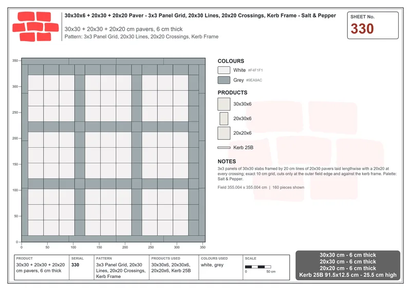 Interlock (Pasco) 30x30 cm · SQ33-330 · 3x3 Panel Grid, 20x30 Lines, 20x20 Crossings, Kerb Frame · Laying plan Interlock (Pasco) 30x30 cm · SQ33-330 · 3x3 Panel Grid, 20x30 Lines, 20x20 Crossings, Kerb Frame · Laying plan