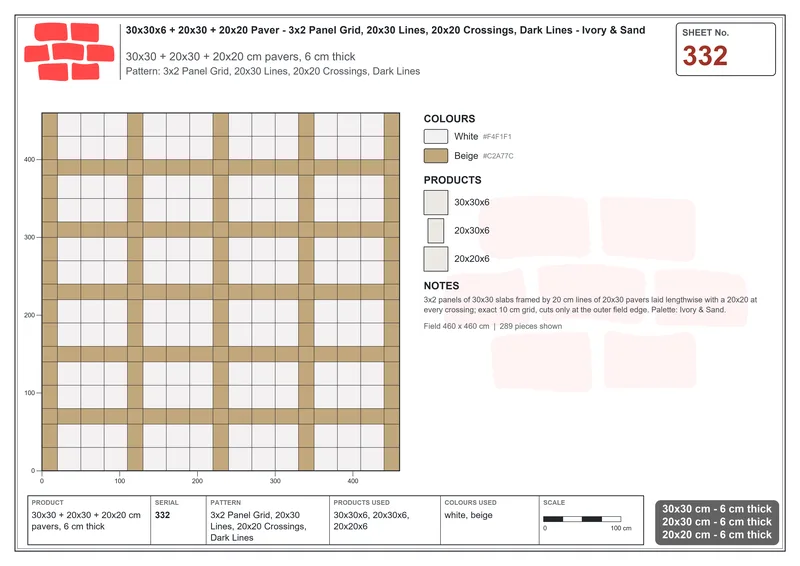 Interlock (Pasco) 30x30 cm · SQ33-332 · 3x2 Panel Grid, 20x30 Lines, 20x20 Crossings, Dark Lines · Laying plan Interlock (Pasco) 30x30 cm · SQ33-332 · 3x2 Panel Grid, 20x30 Lines, 20x20 Crossings, Dark Lines · Laying plan
