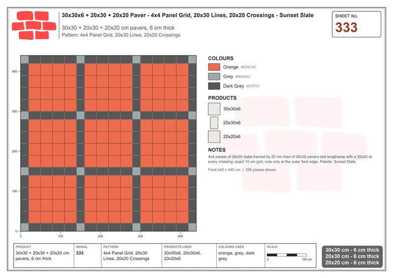 Interlock (Pasco) 30x30 cm · SQ33-333 · 4x4 Panel Grid, 20x30 Lines, 20x20 Crossings · Laying plan Interlock (Pasco) 30x30 cm · SQ33-333 · 4x4 Panel Grid, 20x30 Lines, 20x20 Crossings · Laying plan