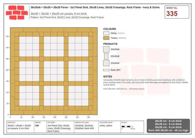 Interlock (Pasco) 30x30 cm · SQ33-335 · 3x3 Panel Grid, 20x30 Lines, 20x20 Crossings, Kerb Frame · Laying plan Interlock (Pasco) 30x30 cm · SQ33-335 · 3x3 Panel Grid, 20x30 Lines, 20x20 Crossings, Kerb Frame · Laying plan