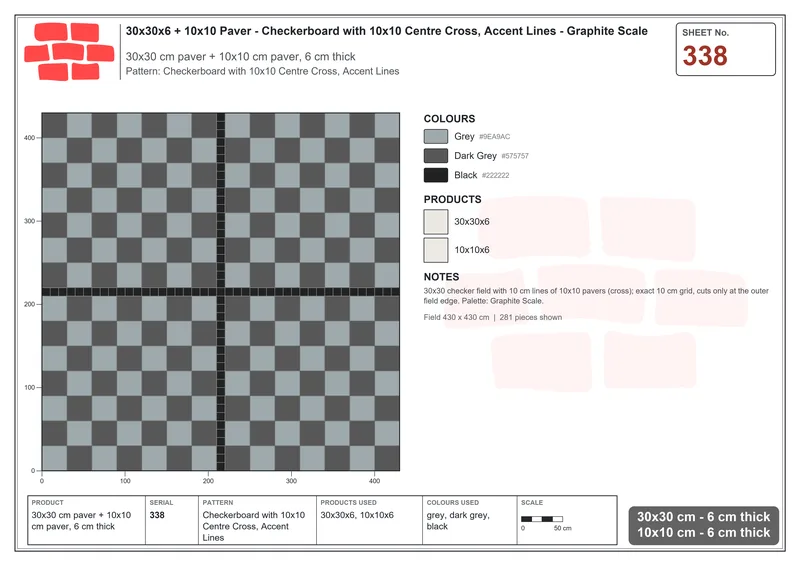 Interlock (Pasco) 30x30 cm · SQ33-338 · Checkerboard with 10x10 Centre Cross, Accent Lines · Laying plan Interlock (Pasco) 30x30 cm · SQ33-338 · Checkerboard with 10x10 Centre Cross, Accent Lines · Laying plan