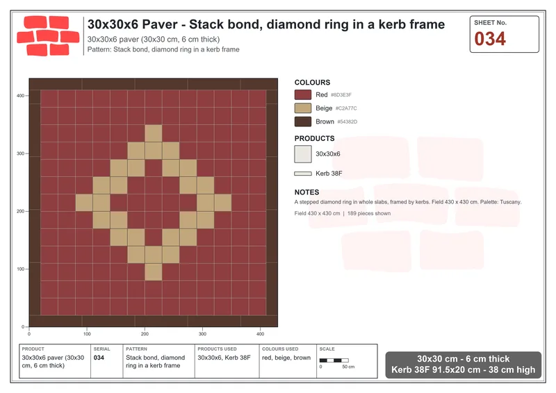 Interlock (Pasco) 30x30 cm · SQ33-34 · Stack bond, diamond ring in a kerb frame · Laying plan Interlock (Pasco) 30x30 cm · SQ33-34 · Stack bond, diamond ring in a kerb frame · Laying plan