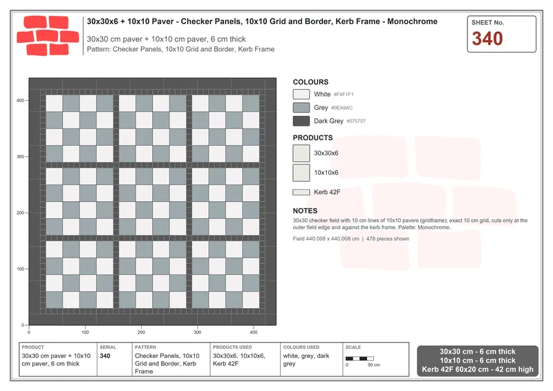 Interlock (Pasco) 30x30 cm · SQ33-340 · Checker Panels, 10x10 Grid and Border, Kerb Frame · Laying plan Interlock (Pasco) 30x30 cm · SQ33-340 · Checker Panels, 10x10 Grid and Border, Kerb Frame · Laying plan