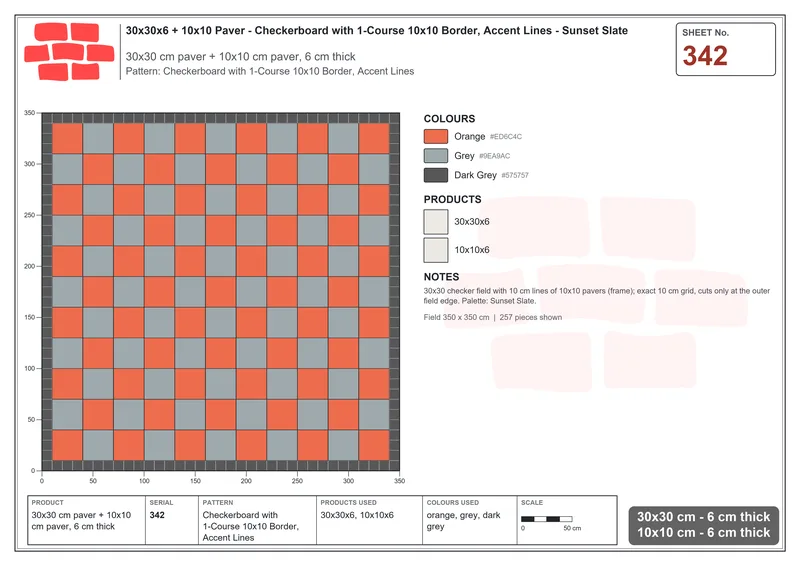 Interlock (Pasco) 30x30 cm · SQ33-342 · Checkerboard with 1-Course 10x10 Border, Accent Lines · Laying plan Interlock (Pasco) 30x30 cm · SQ33-342 · Checkerboard with 1-Course 10x10 Border, Accent Lines · Laying plan