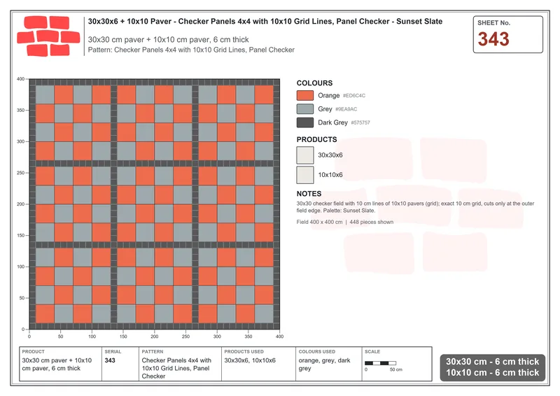 Interlock (Pasco) 30x30 cm · SQ33-343 · Checker Panels 4x4 with 10x10 Grid Lines, Panel Checker · Laying plan Interlock (Pasco) 30x30 cm · SQ33-343 · Checker Panels 4x4 with 10x10 Grid Lines, Panel Checker · Laying plan