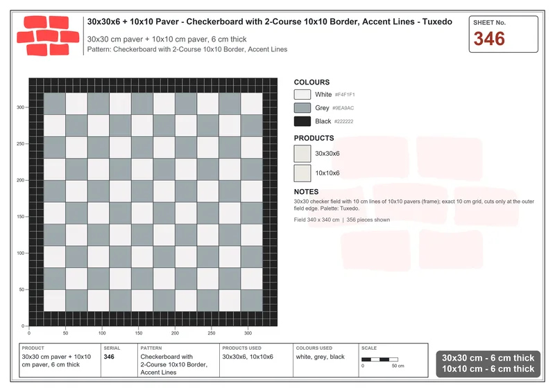 Interlock (Pasco) 30x30 cm · SQ33-346 · Checkerboard with 2-Course 10x10 Border, Accent Lines · Laying plan Interlock (Pasco) 30x30 cm · SQ33-346 · Checkerboard with 2-Course 10x10 Border, Accent Lines · Laying plan