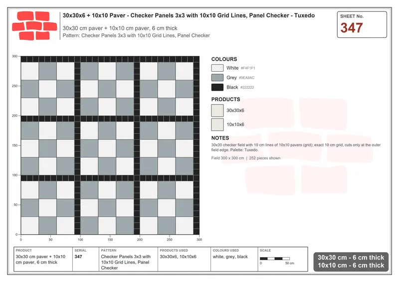 Interlock (Pasco) 30x30 cm · SQ33-347 · Checker Panels 3x3 with 10x10 Grid Lines, Panel Checker · Laying plan Interlock (Pasco) 30x30 cm · SQ33-347 · Checker Panels 3x3 with 10x10 Grid Lines, Panel Checker · Laying plan