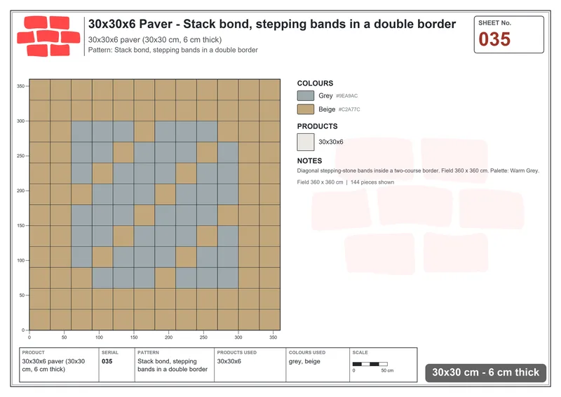 Interlock (Pasco) 30x30 cm · SQ33-35 · Stack bond, stepping bands in a double border · Laying plan Interlock (Pasco) 30x30 cm · SQ33-35 · Stack bond, stepping bands in a double border · Laying plan