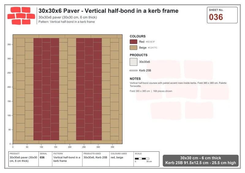 Interlock (Pasco) 30x30 cm · SQ33-36 · Vertical half-bond in a kerb frame · Laying plan Interlock (Pasco) 30x30 cm · SQ33-36 · Vertical half-bond in a kerb frame · Laying plan
