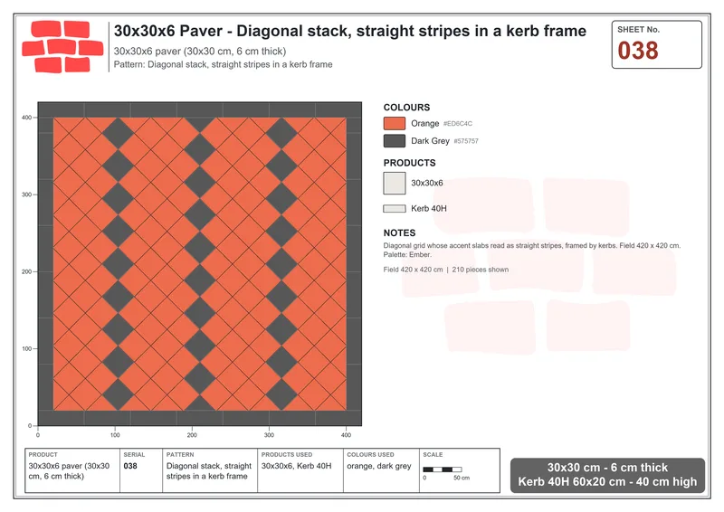 Interlock (Pasco) 30x30 cm · SQ33-38 · Diagonal stack, straight stripes in a kerb frame · Laying plan Interlock (Pasco) 30x30 cm · SQ33-38 · Diagonal stack, straight stripes in a kerb frame · Laying plan