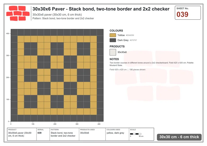 Interlock (Pasco) 30x30 cm · SQ33-39 · Stack bond, two-tone border and 2x2 checker · Laying plan Interlock (Pasco) 30x30 cm · SQ33-39 · Stack bond, two-tone border and 2x2 checker · Laying plan