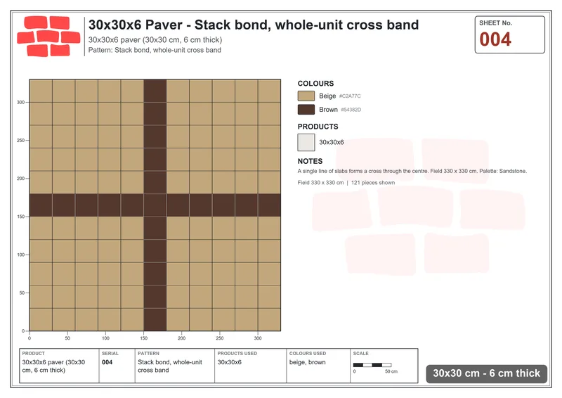 Interlock (Pasco) 30x30 cm · SQ33-4 · Stack bond, whole-unit cross band · Laying plan Interlock (Pasco) 30x30 cm · SQ33-4 · Stack bond, whole-unit cross band · Laying plan